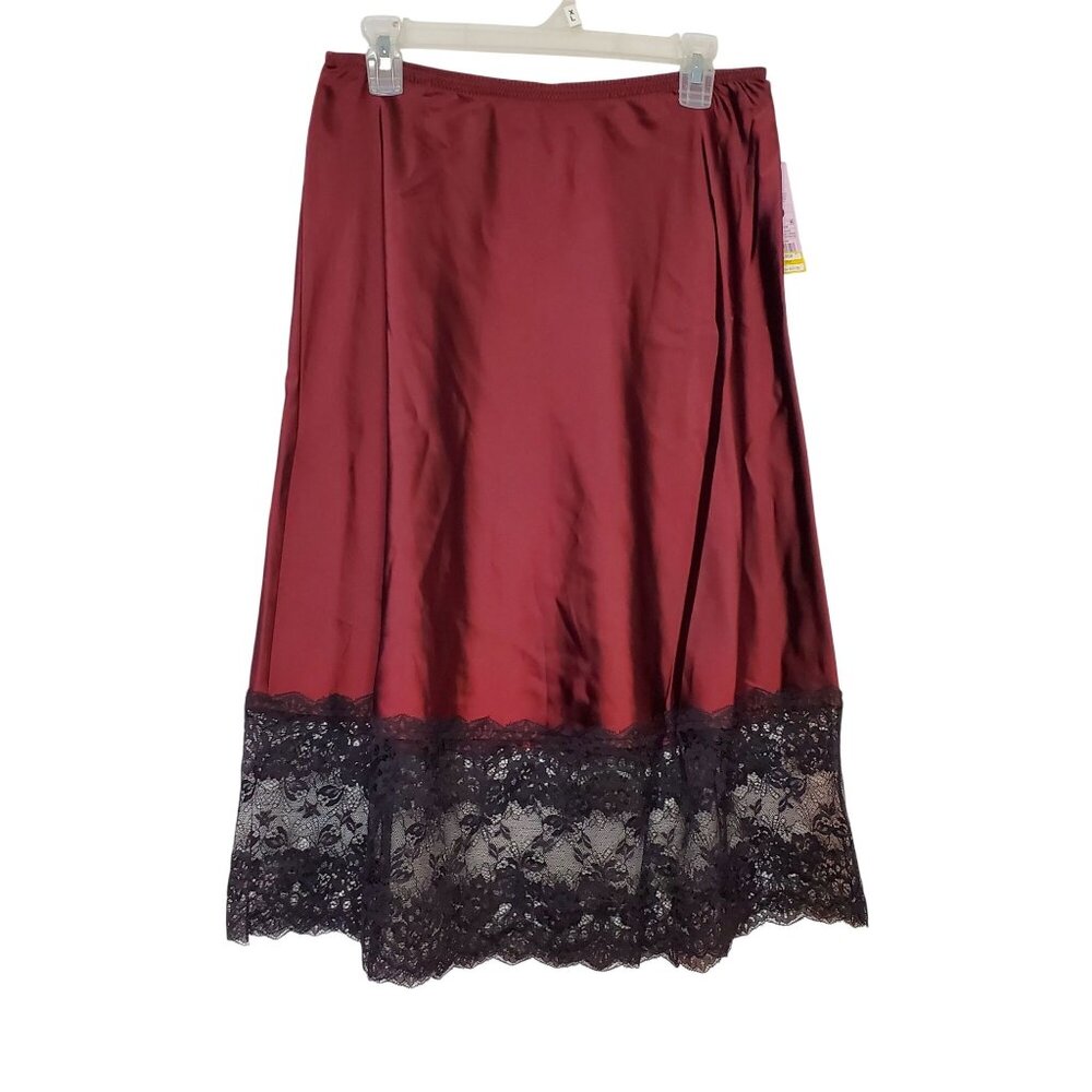 Wild Fable Burgundy Satin Midi Skirt With Black Lace Hem Womens Size M